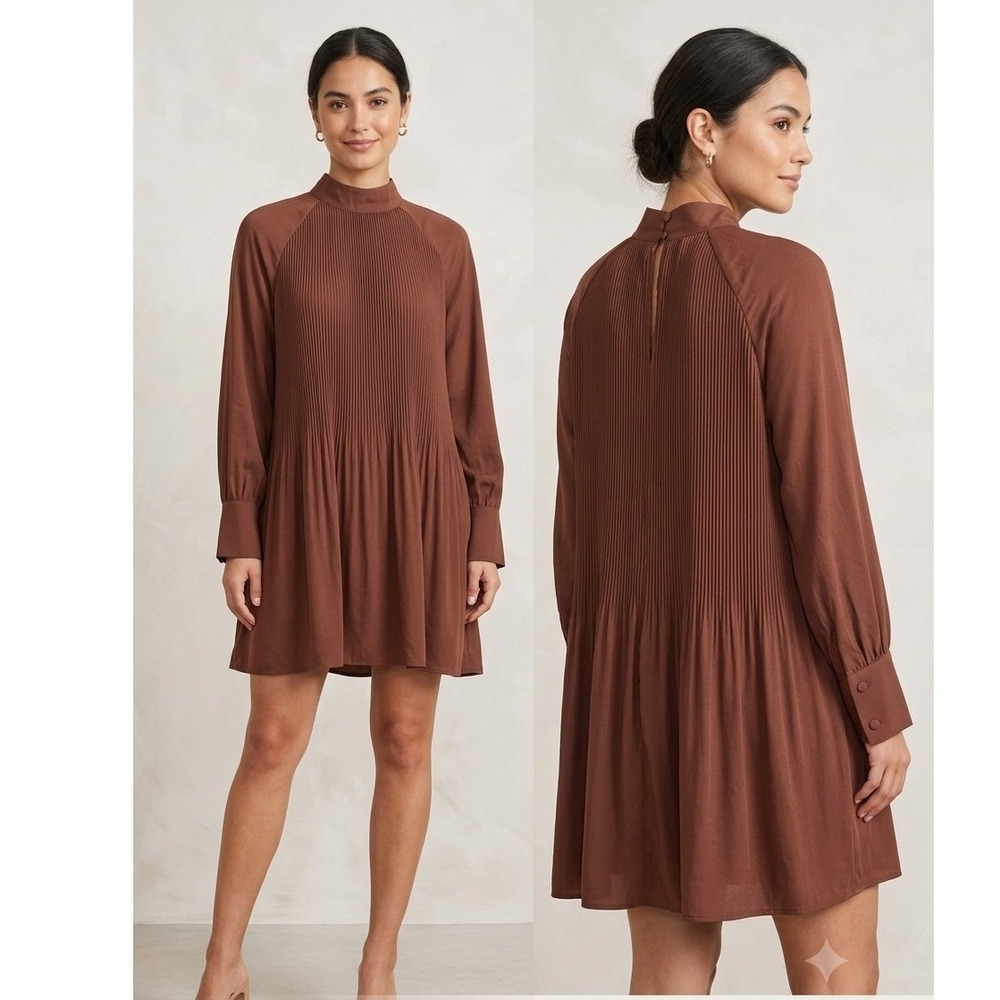 H&M Pleated Mini Dress Womens Small Brown Long Sleeve Mock Neck Recycled Poly NW